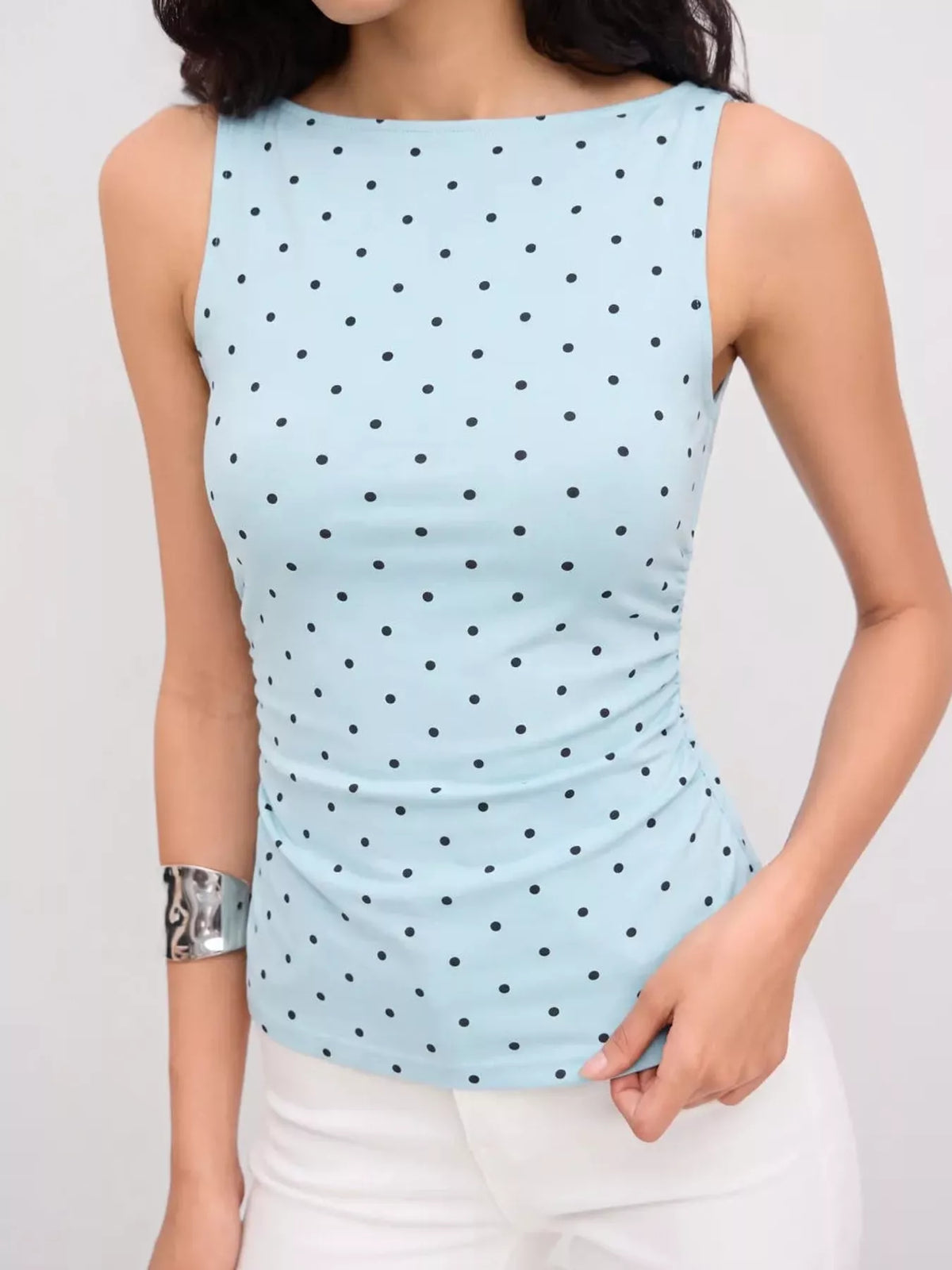 polka dot print sleeveless tank top with tie back | dropsona - neutral - usage example