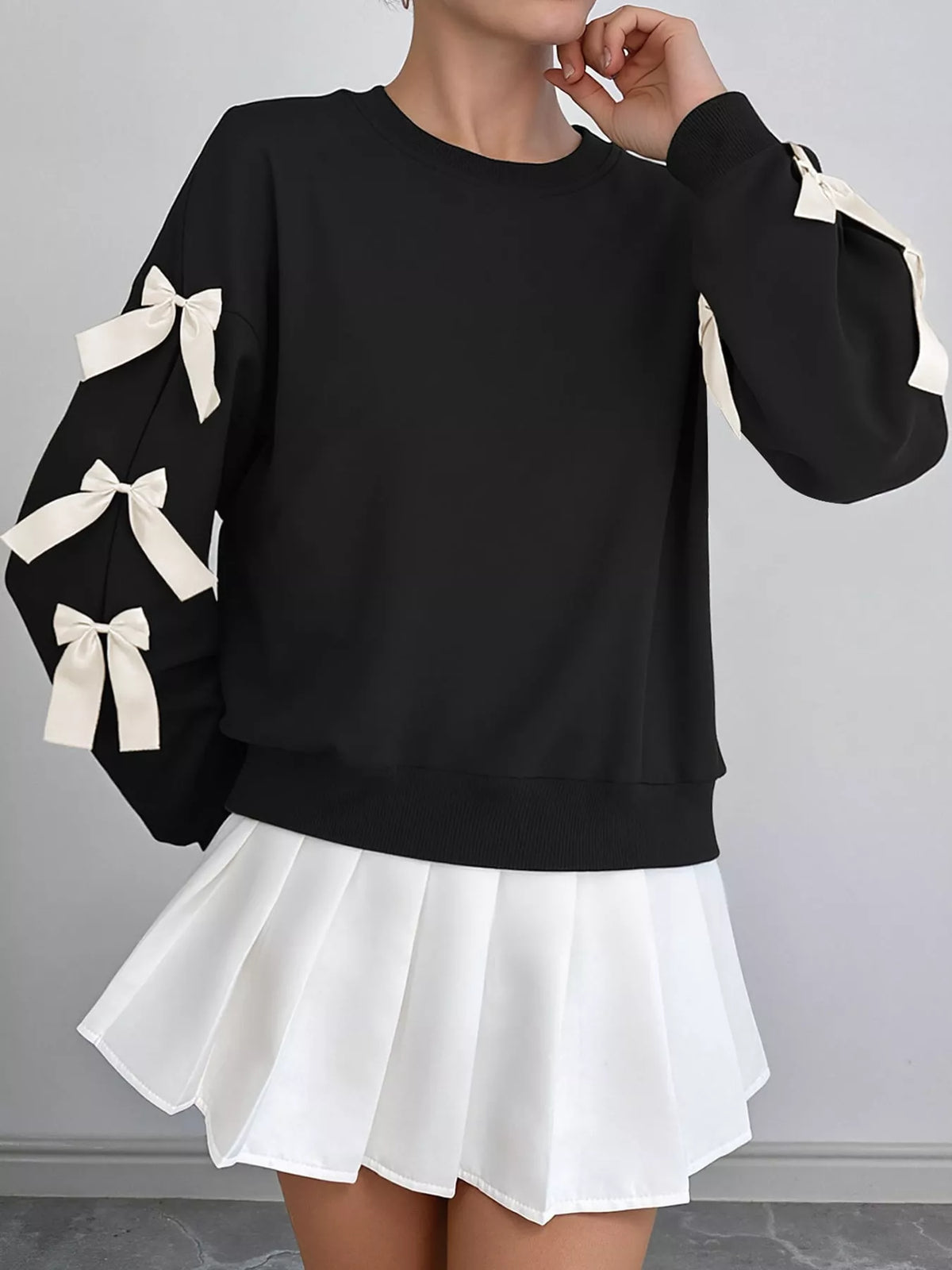 crew neck sweatshirt with decorative bow | dropsona - neutral - usage example