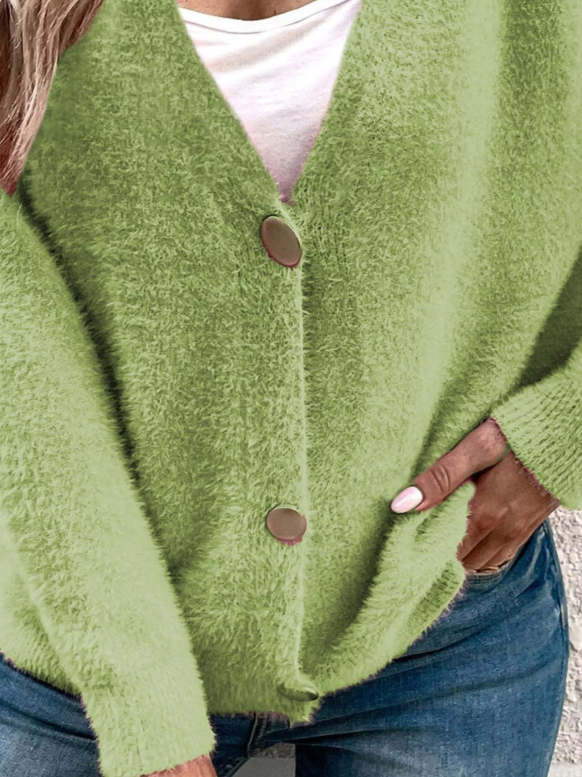 soft fuzzy v-neck button-down cardigan – buttoned | dropsona - neutral - close-up detail