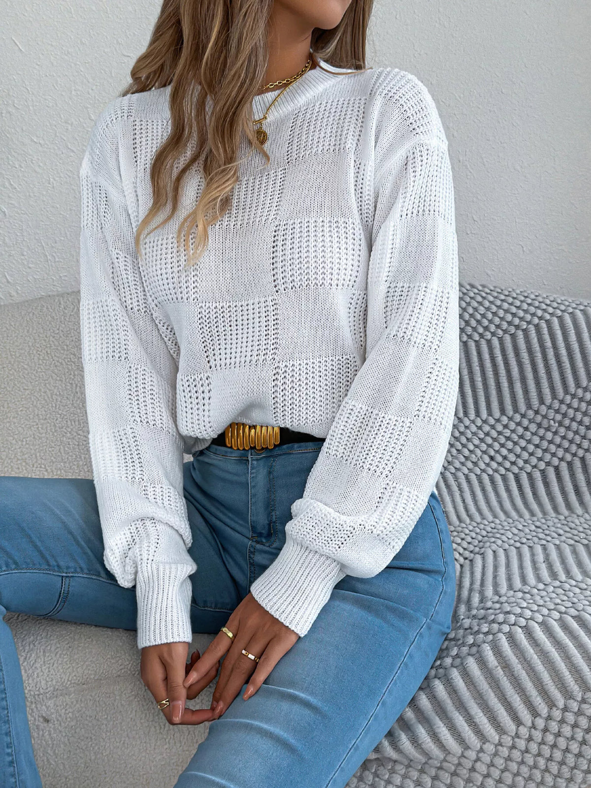 checkerboard textured knit sweater | dropsona - neutral - size reference