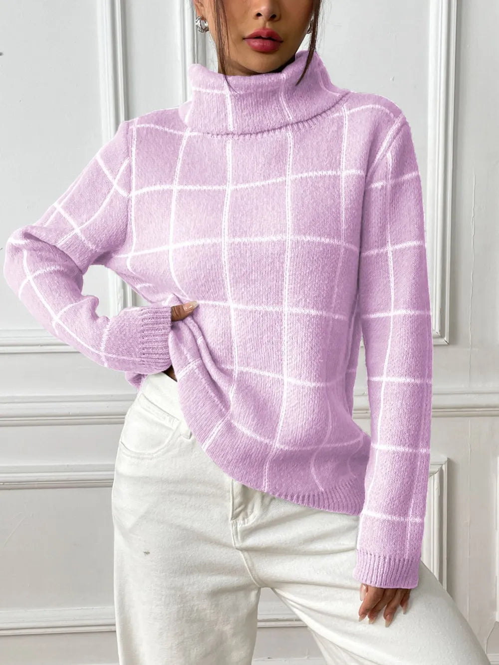 plaid turtleneck long sleeve sweater – basic style | dropsona - neutral - usage example
