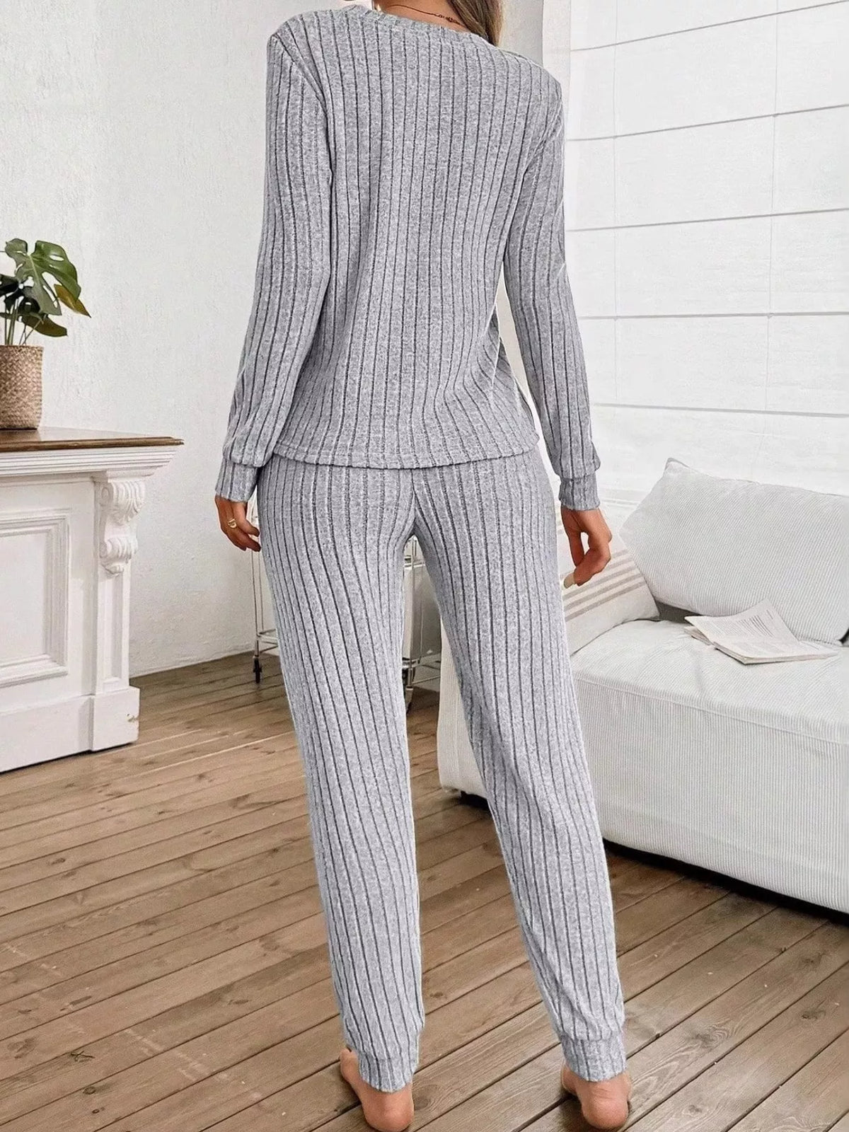 ribbed knit long sleeve top and pants loungewear set | dropsona - neutral - size reference