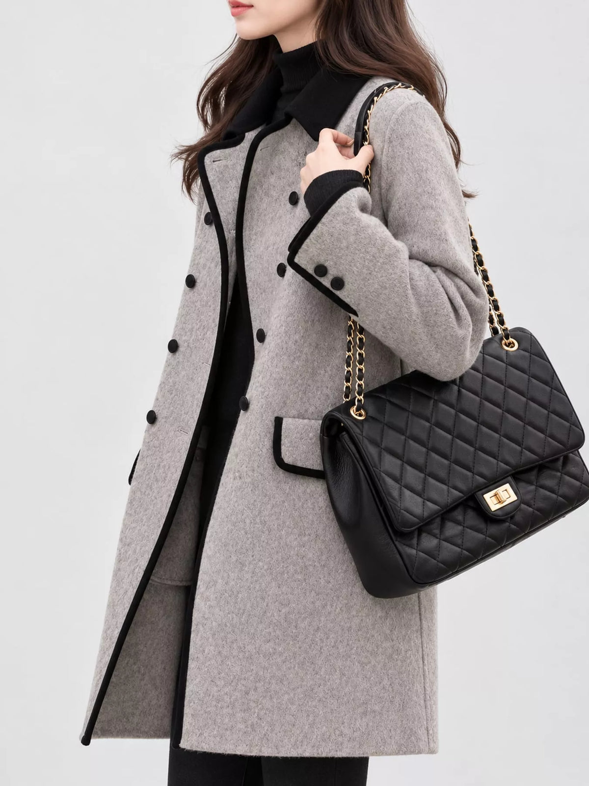 plus size double-breasted coat with contrast trim | dropsona - neutral - material texture