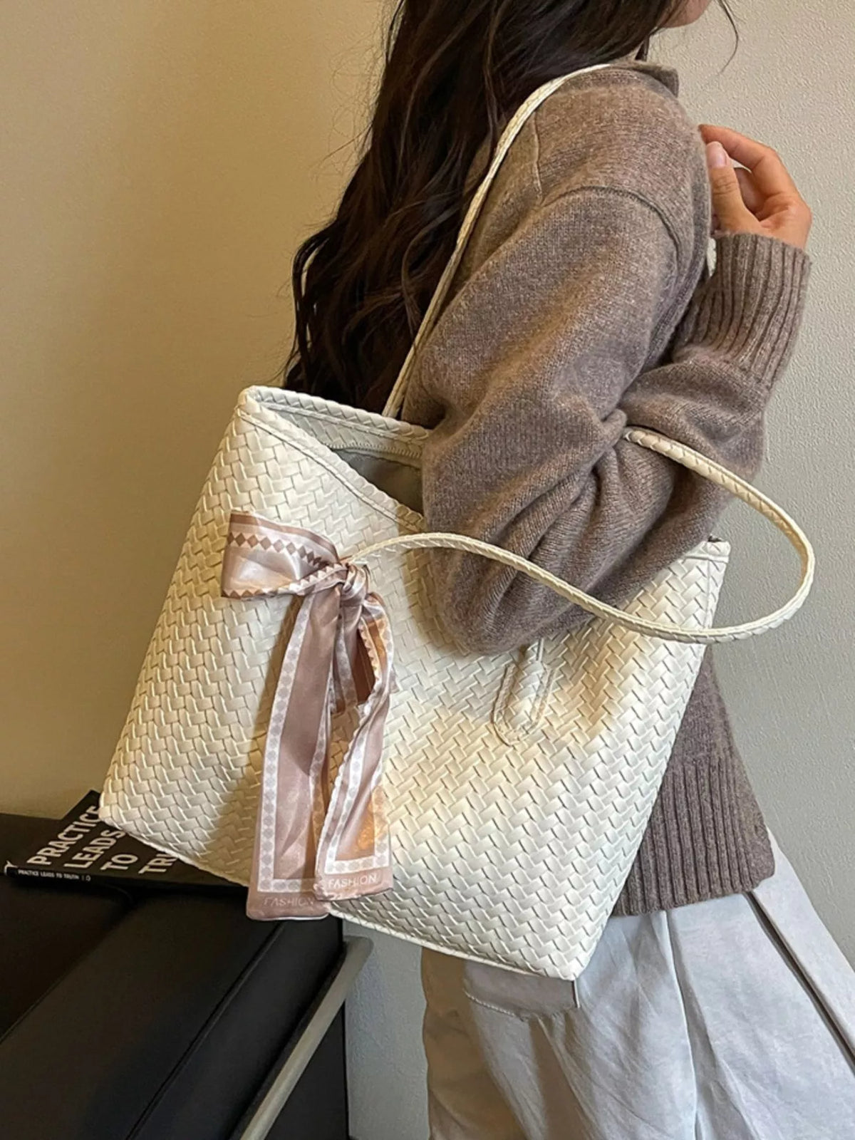 woven texture shoulder bag – stylish sling | dropsona - neutral - usage example