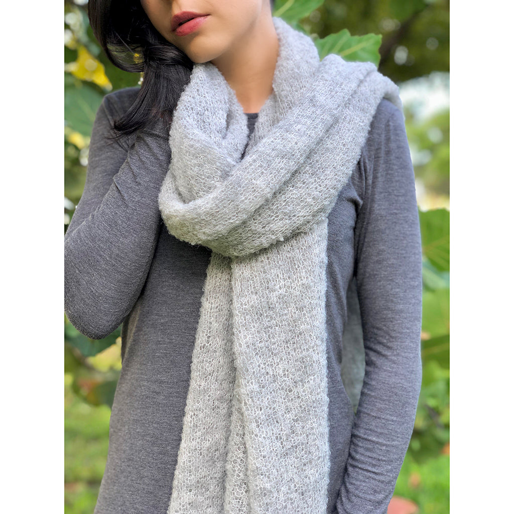 gray ultra plush alpaca scarf – the softest, fluffiest | dropsona - neutral - close-up detail