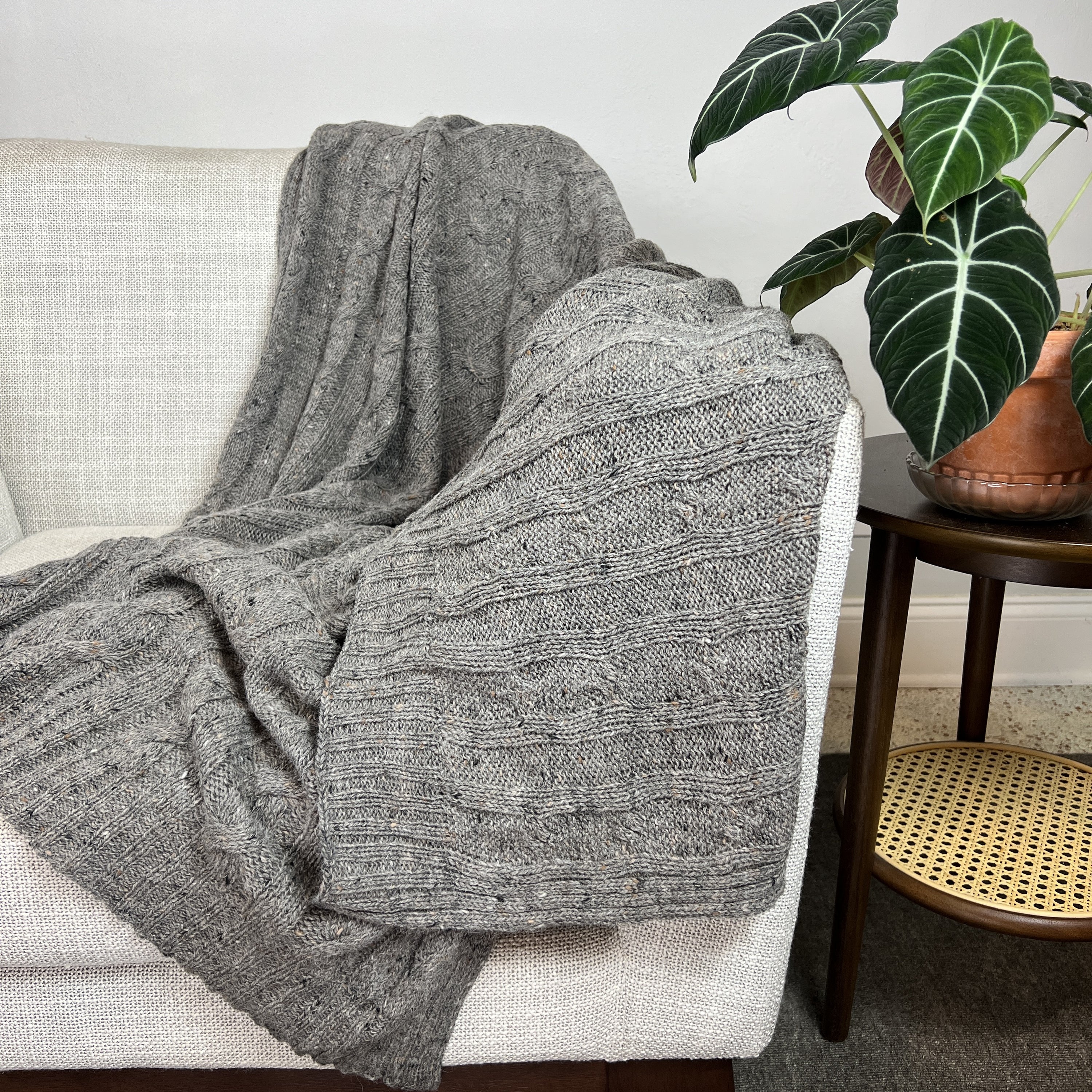 smoke gray cable knit alpaca throw – a luxurious | dropsona - neutral - close-up detail