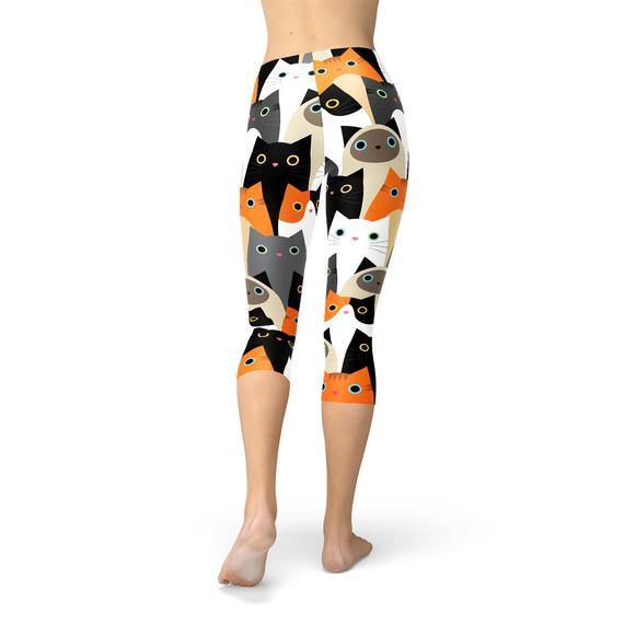 womens all over print cats capri leggings – these prem | dropsona - neutral - close-up detail