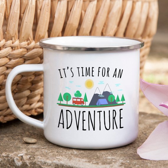 adventure mug enamel wanderlust camping advent | dropsona - neutral - close-up detail