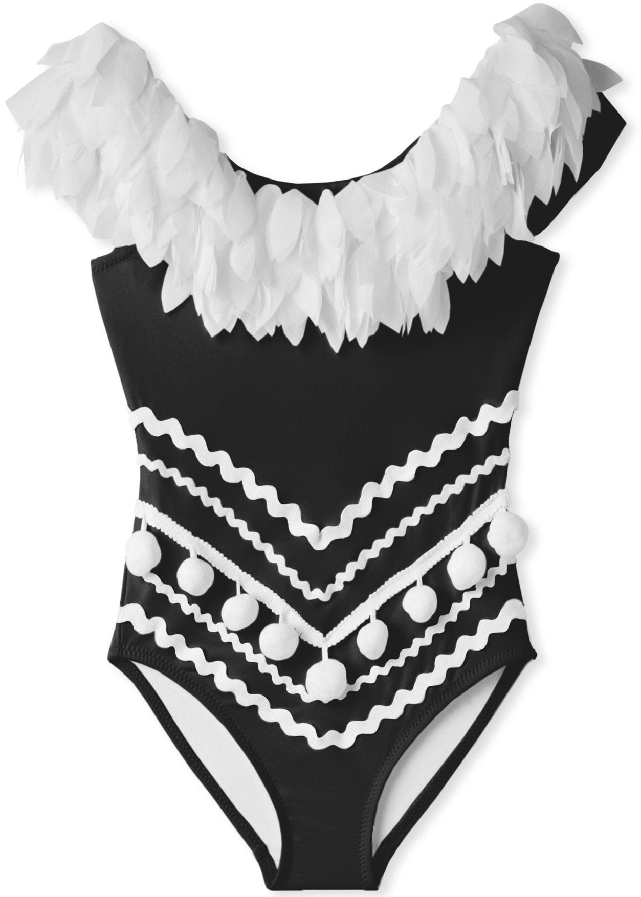 black draped swimsuit with petals & pom poms – the ult | dropsona - neutral - everyday use