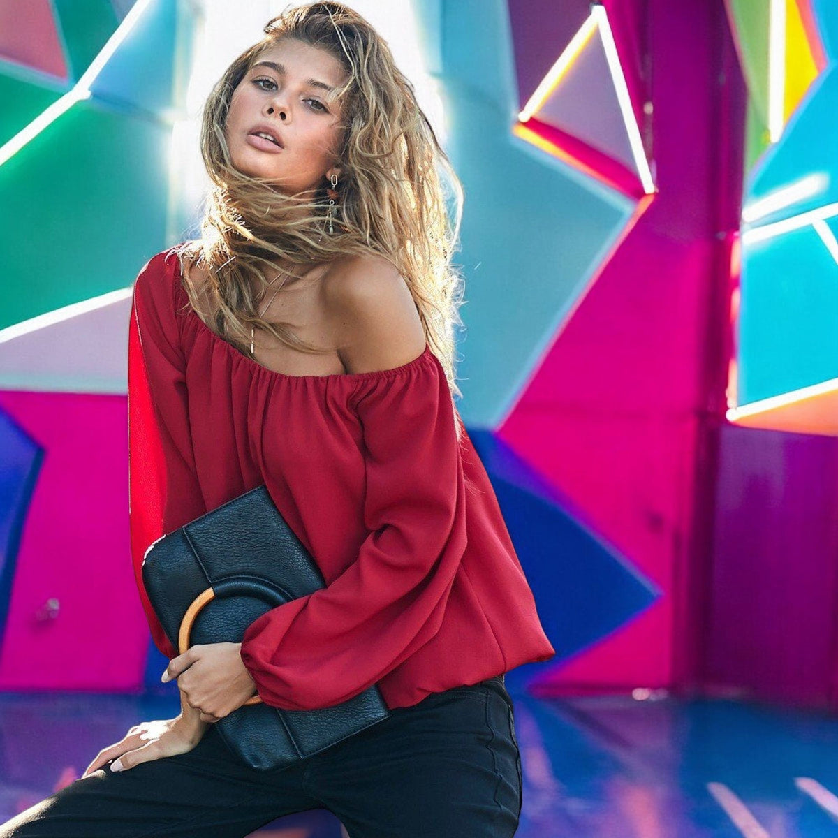 Off Shoulder Long Bubble Sleeve Solid Top - Bold style