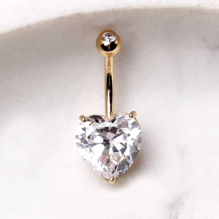 14kt yellow gold navel ring with large clear heart pro | dropsona - neutral - everyday use