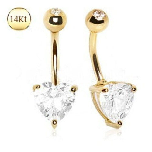 14kt yellow gold navel ring with large clear heart pro | dropsona - neutral - close-up detail