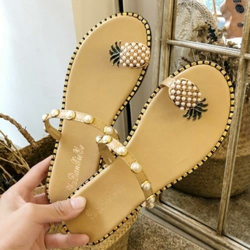 2021 summer beach pineapple flat slippers outside slid | dropsona - neutral - close-up detail