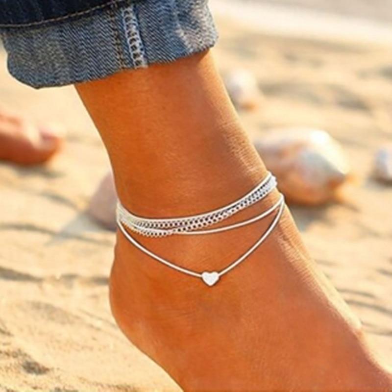 bohemian silver heart multi chain anklet ankle bracele | dropsona - neutral - everyday use