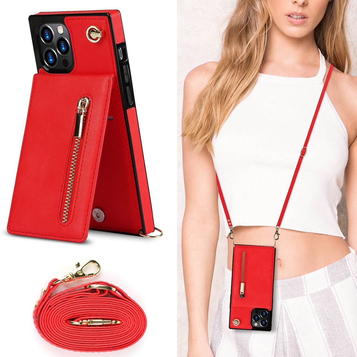 slim zipper wallet back case for iphone with crossbody | dropsona - neutral - front view