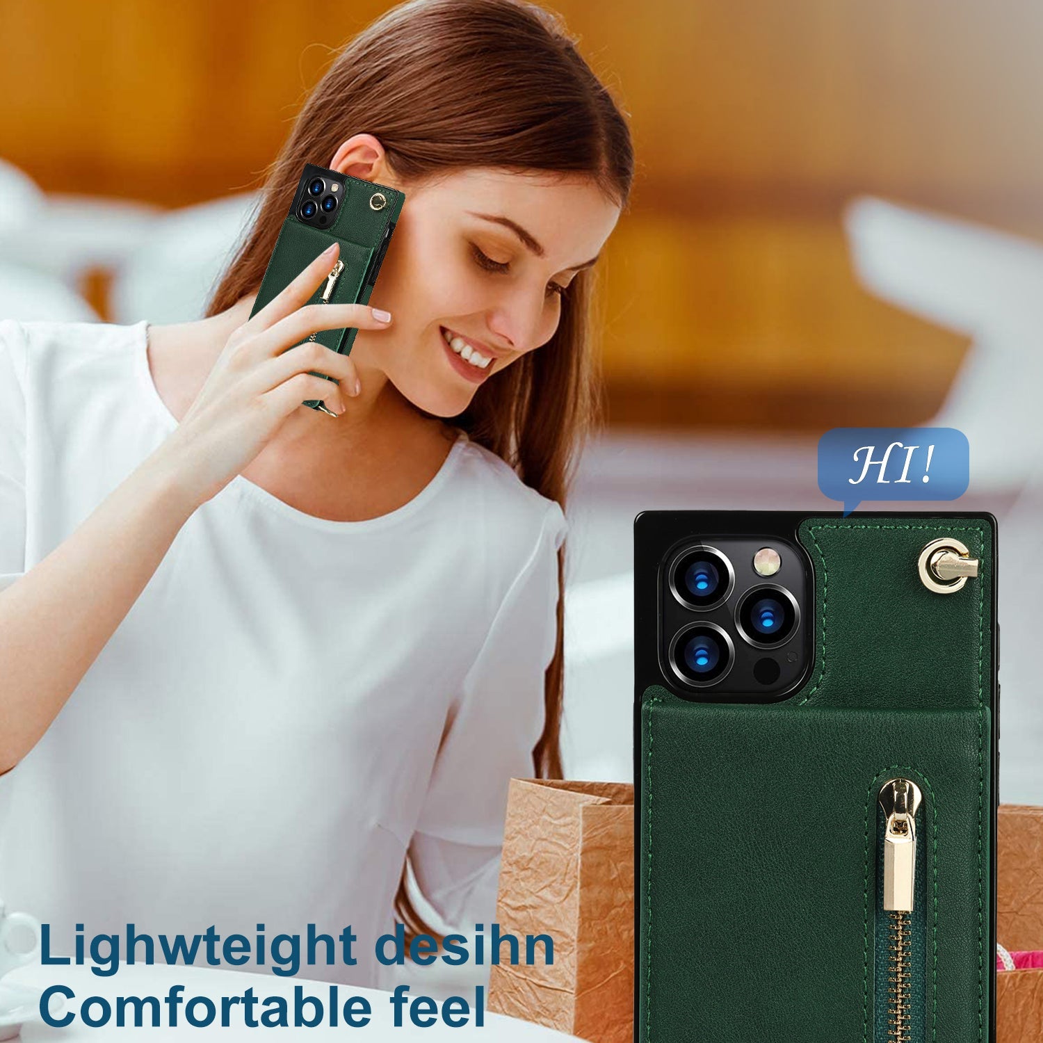 slim zipper wallet back case for iphone with crossbody | dropsona - neutral - front view