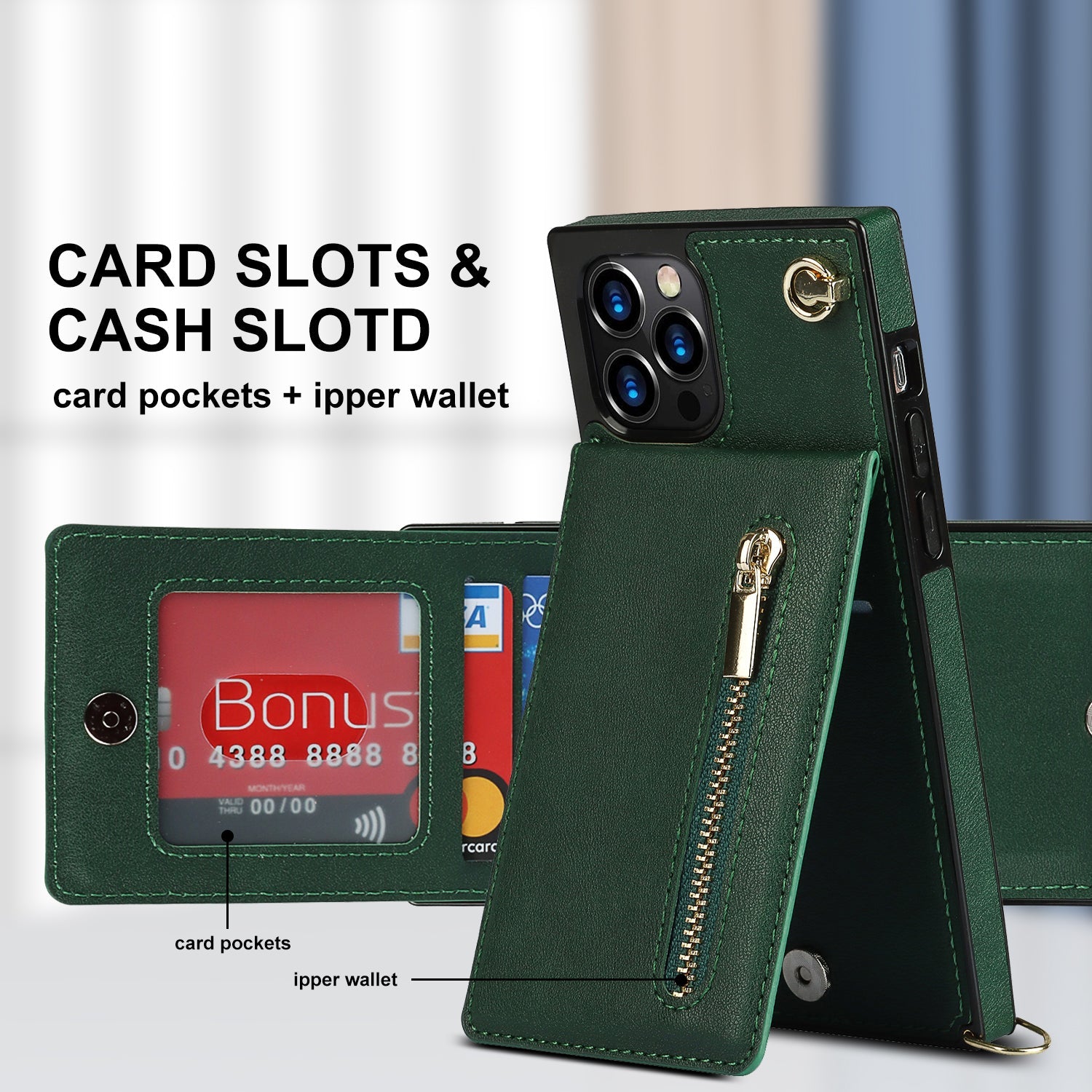 slim zipper wallet back case for iphone with crossbody | dropsona - neutral - front view