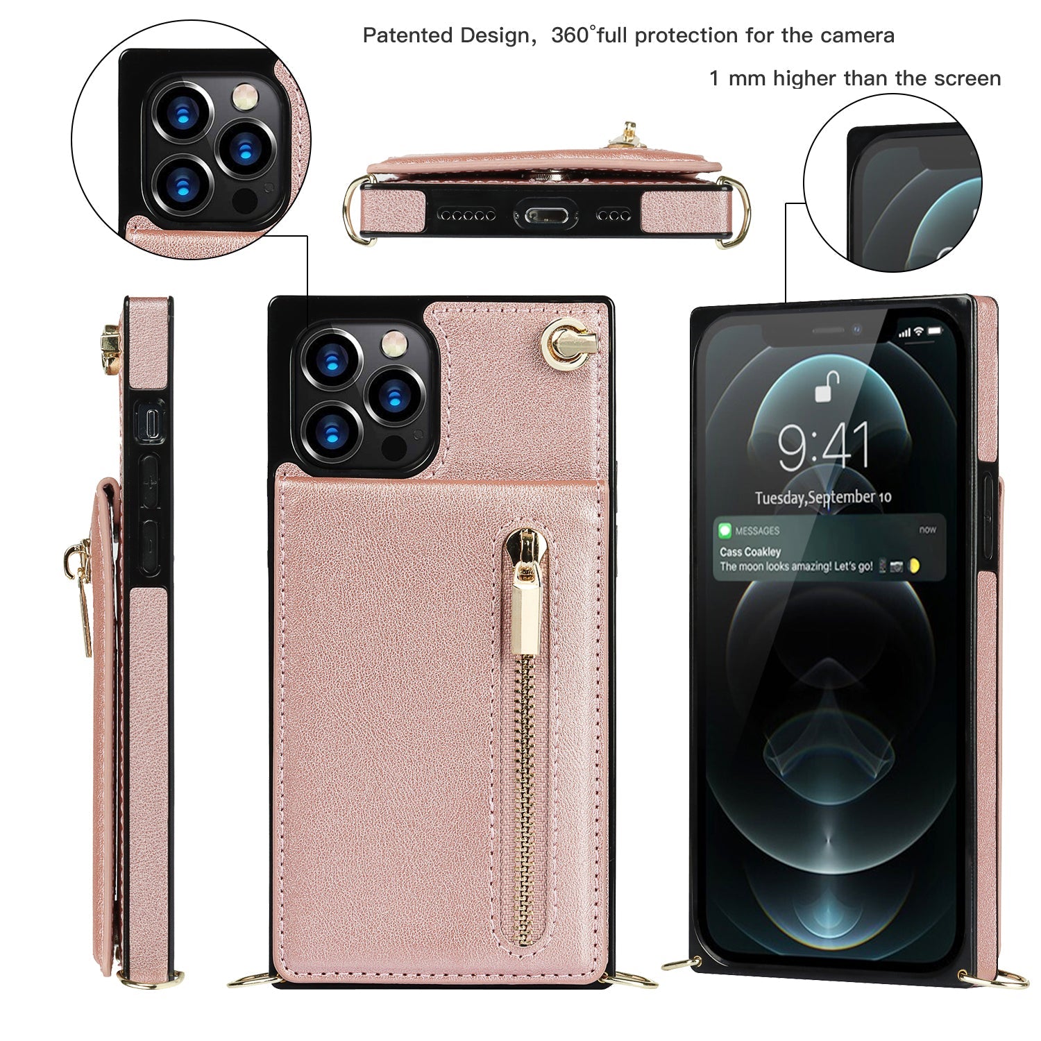 slim zipper wallet back case for iphone with crossbody | dropsona - neutral - close-up detail