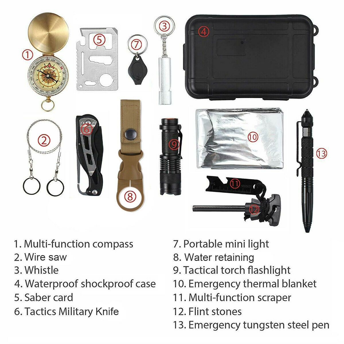14 in 1 outdoor emergency survival and safety gear kit | dropsona - neutral - front view