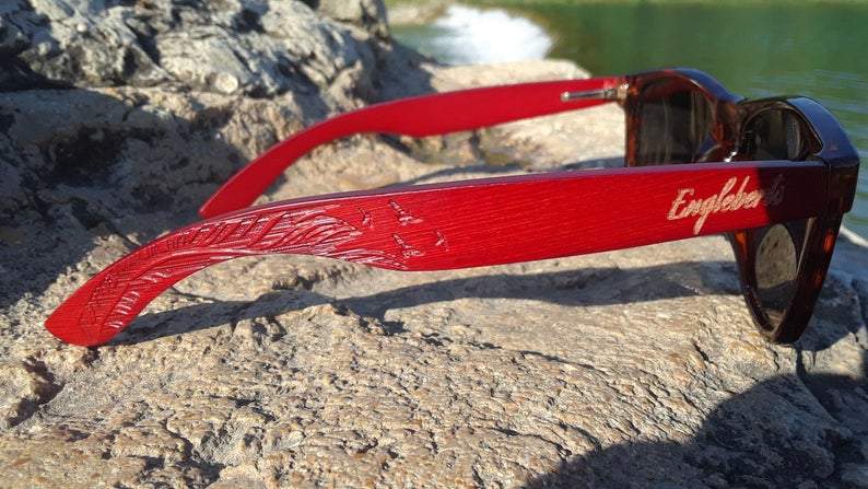red bamboo tortoise framed sunglasses with wood case, | dropsona - neutral - material texture